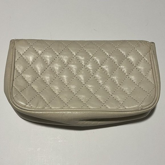 Vintage Cream Quilted Genuine Leather Clutch Purse Hong Kong Missing Strap - Picture 5 of 16
